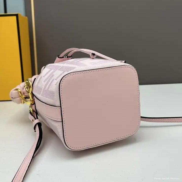 Affordable HOT Fendi Mon Motif Woven Tresor In Bucket Canvas Mini FF Pink Handle Bag with 0604